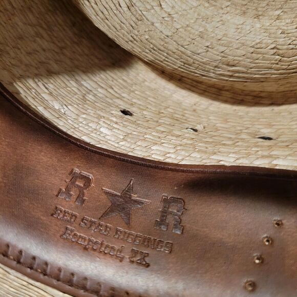 Red Star Riggings Palm Leaf Straw Hat Sz 7-1/8 Brown Leather Band Star Western - Picture 5 of 13